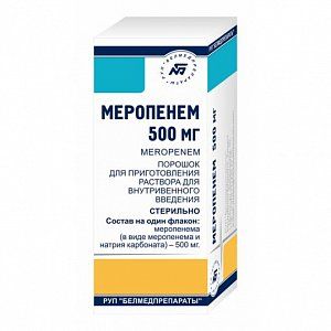 Меропенем порошок для приготовления раствора для внутривенного введения 0,5 г флакон  1 шт. Белмедпрепараты
